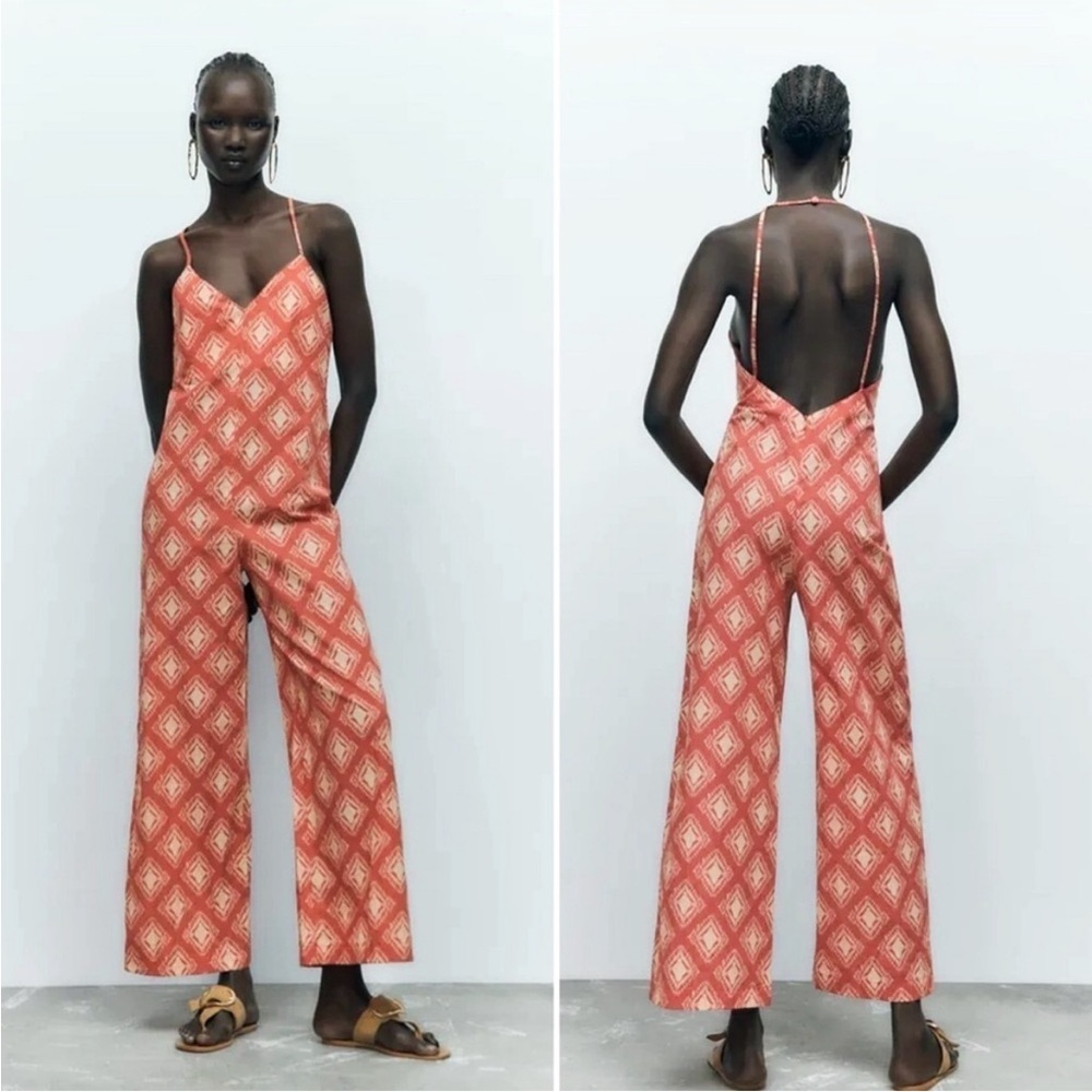 Zara Printed The Jami Jumpsuit Ikat Pattern Open Low Back 100% Cotton Medium